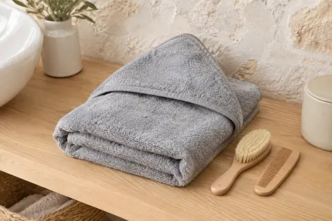 Cape de bain bébé grise en coton éponge avec capuche, brosse et peigne assortis sur une tablette en bois.