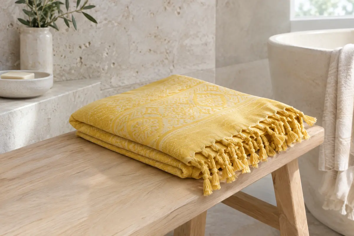 Fouta en coton jaune au tissage jacquard, pliée sur un banc en bois blond dans une salle de bain claire.