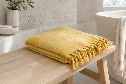 Fouta en coton jaune au tissage jacquard, pliée sur un banc en bois blond dans une salle de bain claire.