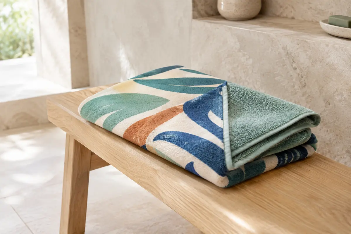 Serviette de plage Jilda-tex pliée, avec sa face en velours imprimée et son dos en éponge visible.