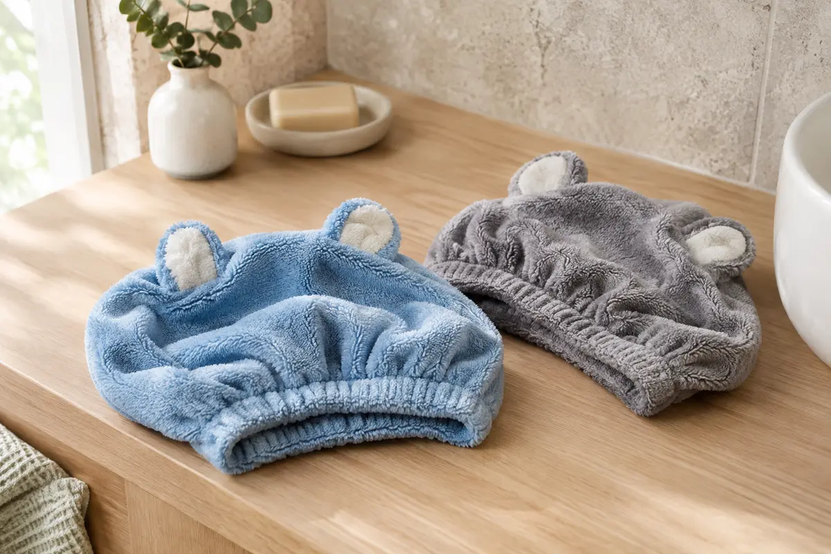 Deux bonnets-serviettes pour cheveux en polaire corail, bleu et gris, avec des oreilles fantaisie
