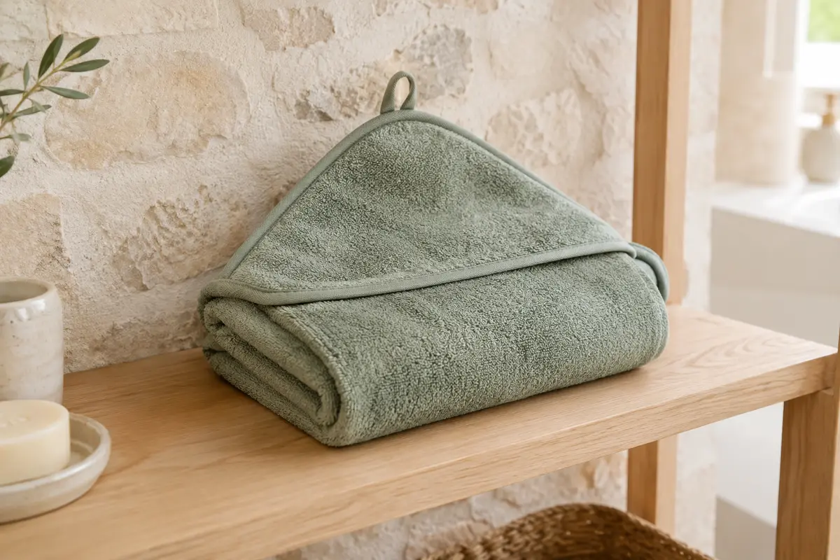 Cape de bain bébé en éponge vert cendré, pliée sur une étagère en bois clair dans une salle de bain lumineuse.