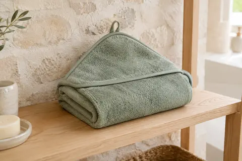 Cape de bain bébé en éponge vert cendré, pliée sur une étagère en bois clair dans une salle de bain lumineuse.