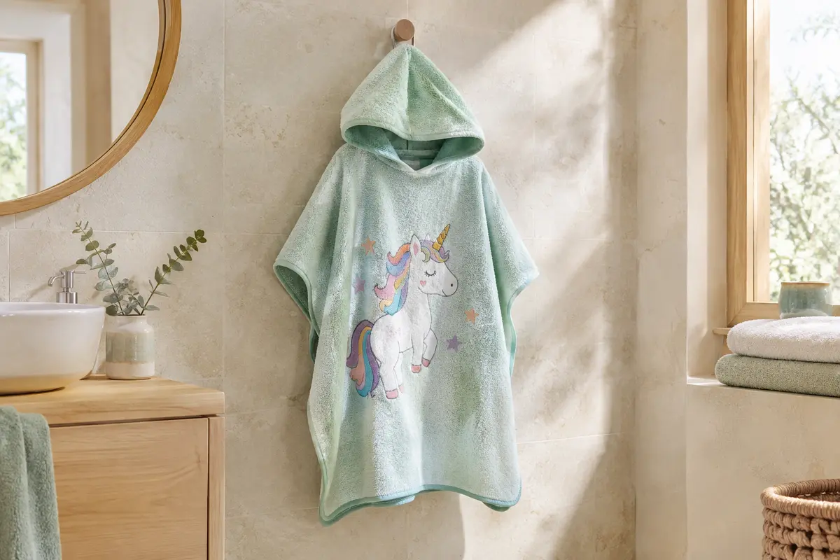 Poncho de bain enfant à capuche, orné d’un motif de licorne, suspendu dans une salle de bain lumineuse.