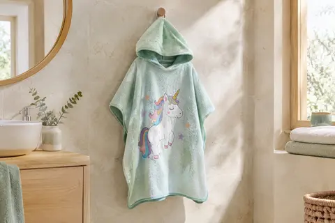 Poncho de bain enfant à capuche, orné d’un motif de licorne, suspendu dans une salle de bain lumineuse.