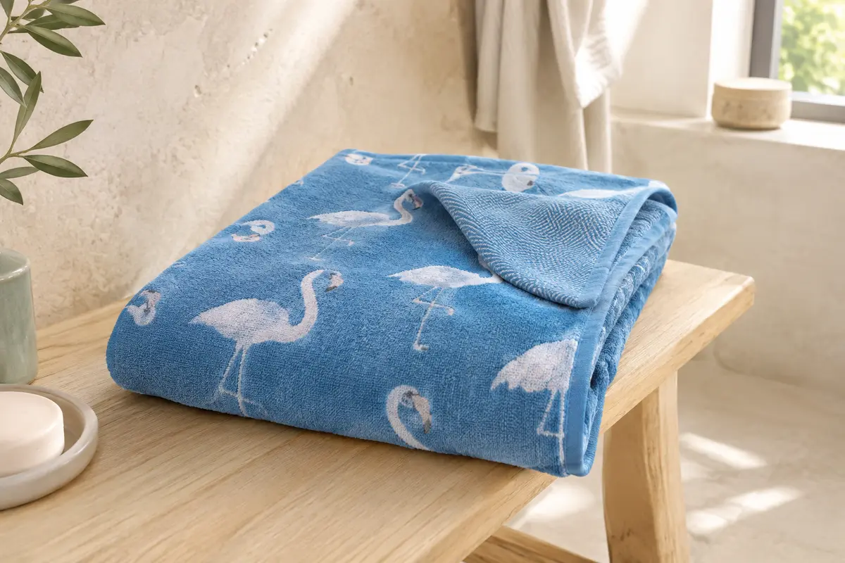 Serviette de plage en microfibre bleue à motif flamant rose, pliée sur un banc en bois clair.