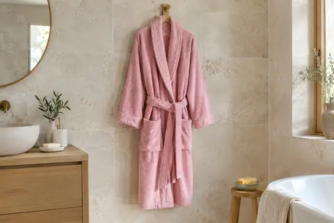 Peignoir de bain rose en coton suspendu dans une salle de bain claire, avec col châle et ceinture.