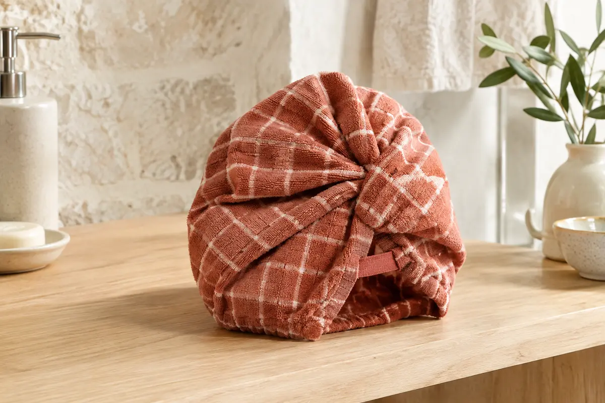 Serviette cheveux en microfibre à carreaux terre cuite, pliée sur une tablette en bois blond dans une salle de bain lumineuse.