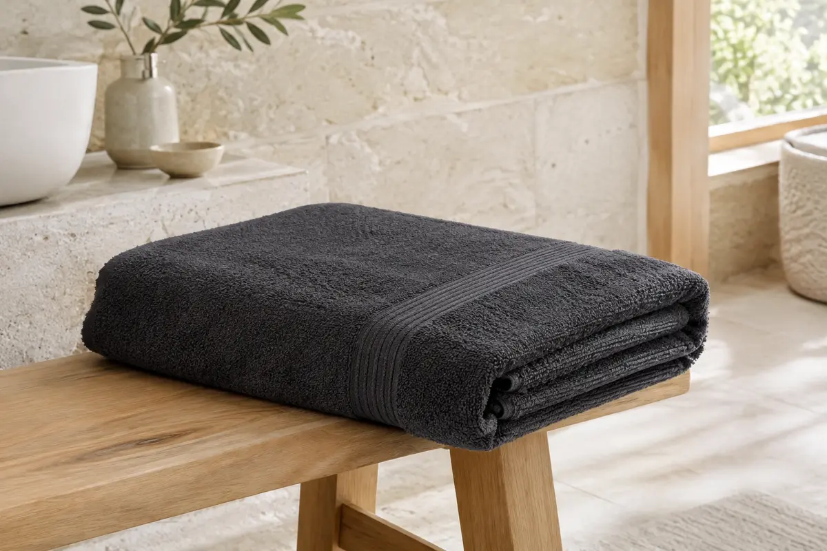 Drap de bain anthracite en coton éponge plié dans une salle de bain claire