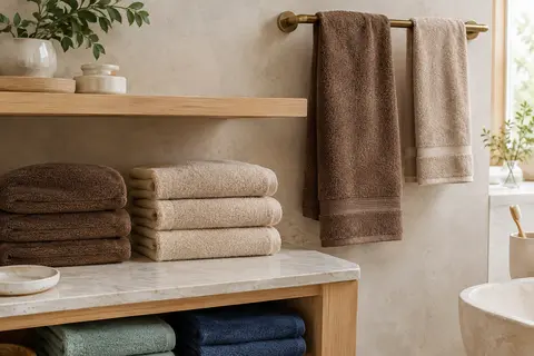 Ensemble de serviettes en coton marron et beige, pliées et suspendues dans une salle de bain lumineuse.
