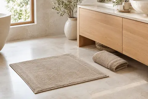 Deux tapis de bain en coton éponge beige, l’un posé au sol et l’autre plié dans une salle de bain claire.