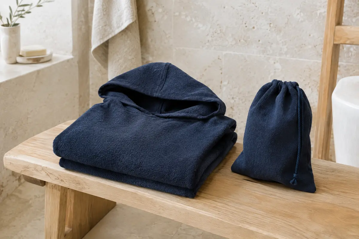 Poncho de bain bleu marine en microfibre plié près de son sac de rangement dans une salle de bain claire