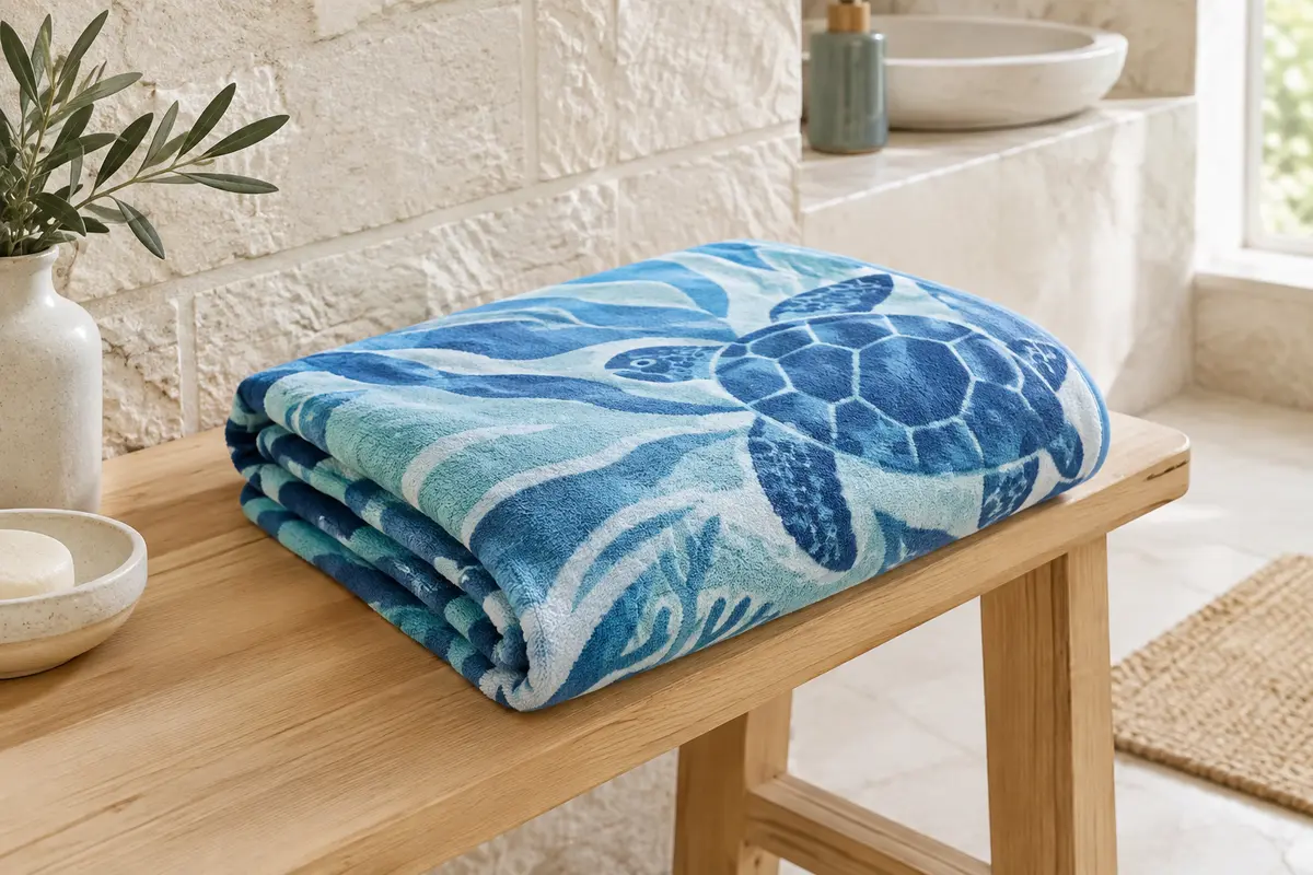 Serviette de plage en microfibre à motif marin bleu, pliée sur un banc en bois dans une salle de bain claire.