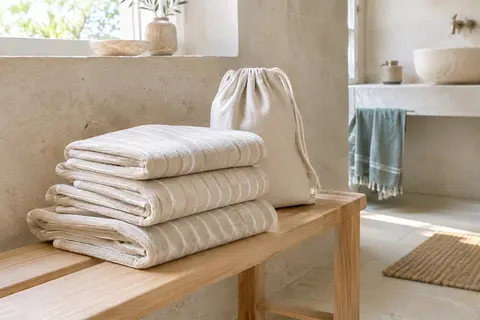 Serviettes de plage en coton beige à rayures, pliées près de leur sac de transport