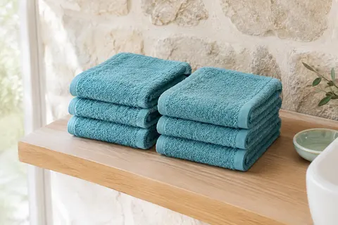 Lot de petites serviettes invité bleu aigue-marine pliées sur une tablette en bois clair.