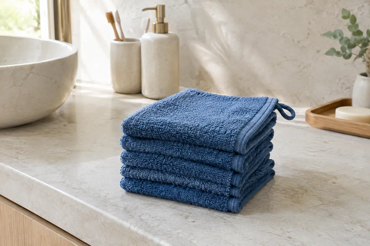 Gants de toilette en coton éponge bleu dauphin pliés sur un plan en pierre claire