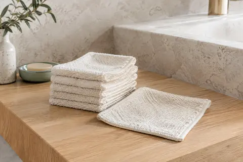 Lot de lavettes carrées en coton éponge crème pliées sur une tablette en bois blond