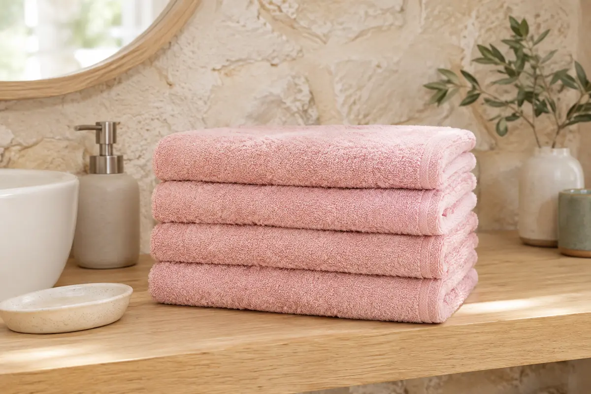 Quatre serviettes de toilette en coton éponge rose pastel pliées sur une tablette en bois clair