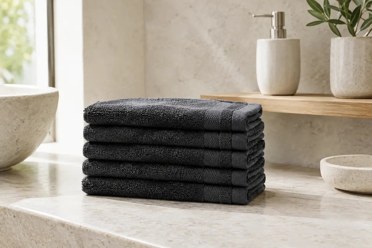 Lot de cinq serviettes invité en coton éponge anthracite pliées sur une étagère de salle de bain