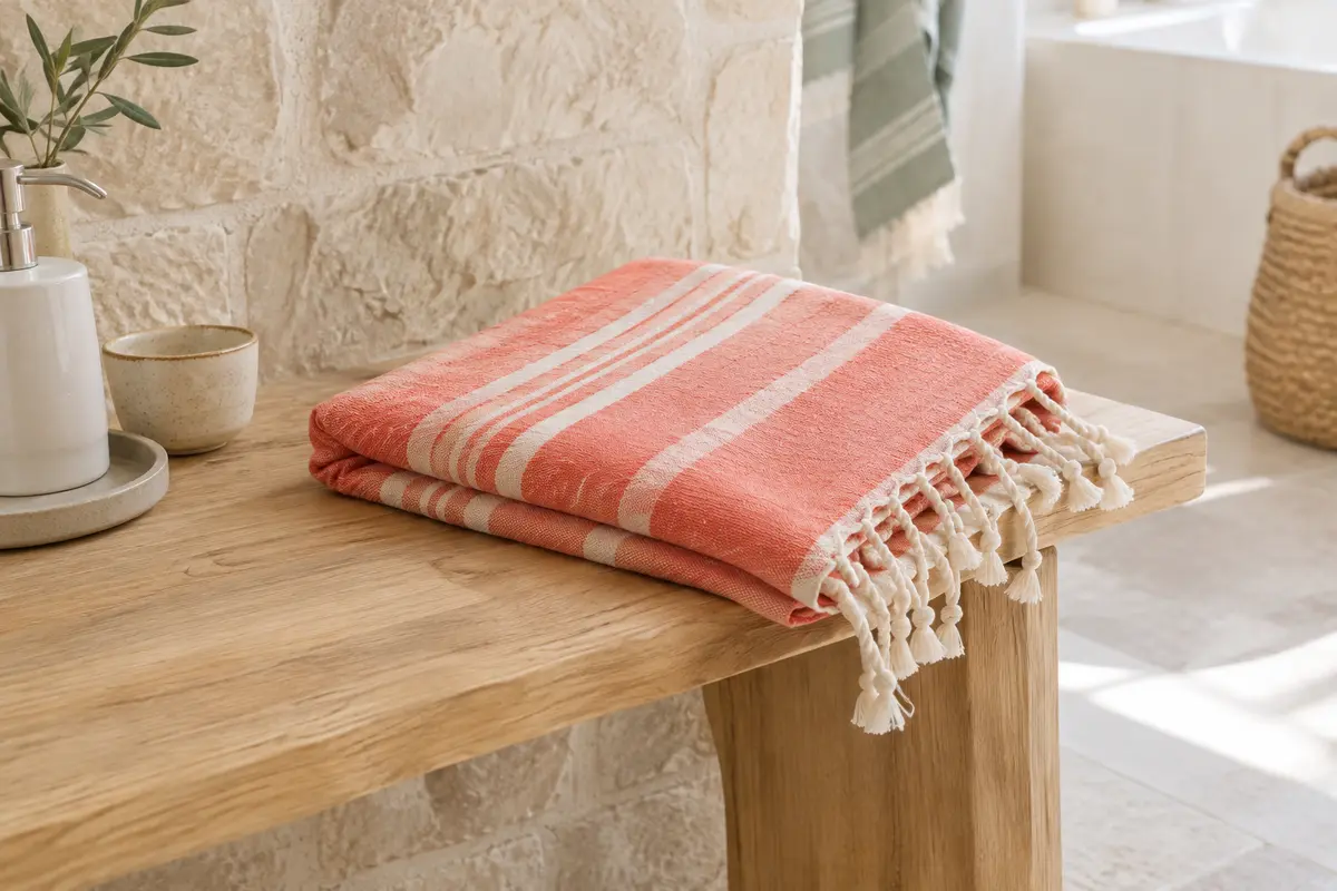 Fouta de plage rayée en coton corail, pliée sur un banc en bois clair, avec ses franges visibles.