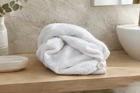 Turban-serviette blanc en coton éponge avec bouton, posé sur une tablette en bois dans une salle de bain lumineuse.