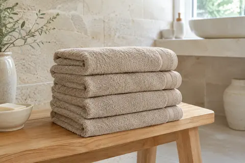 Lot de quatre draps de bain en coton éponge sable, pliés dans une salle de bain claire.
