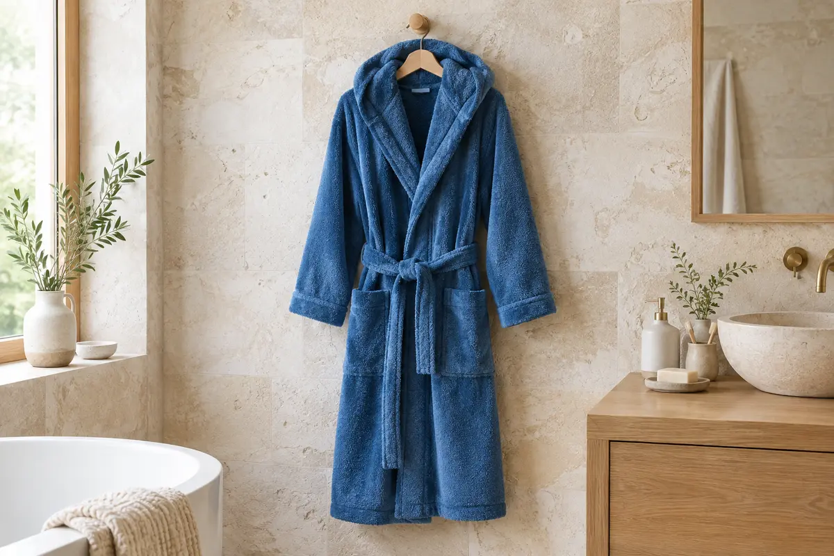 Peignoir bleu en coton éponge suspendu dans une salle de bain claire, avec capuche et ceinture nouée.