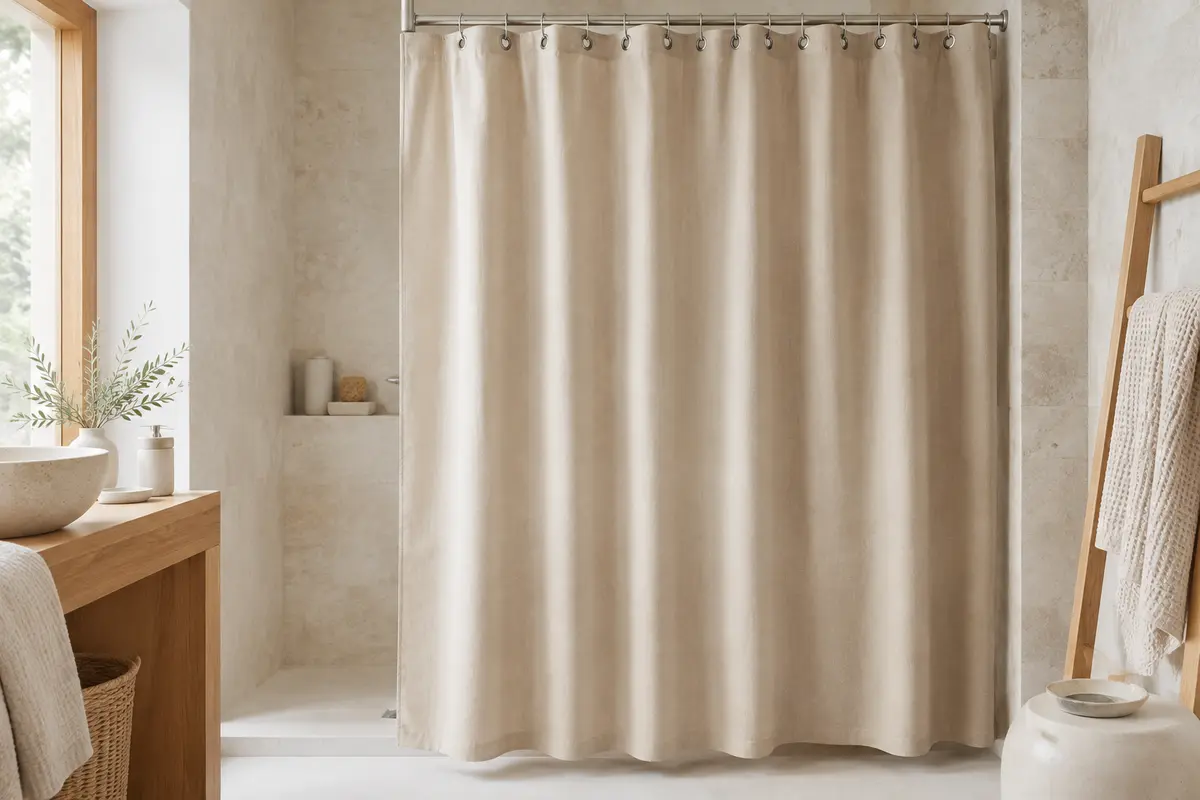 Rideau de douche beige uni en polyester suspendu dans une salle de bain lumineuse aux matières naturelles.
