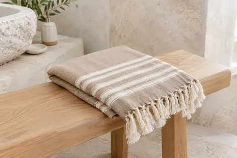 Fouta de hammam beige à rayures, pliée sur un banc en bois blond dans une salle de bain lumineuse.