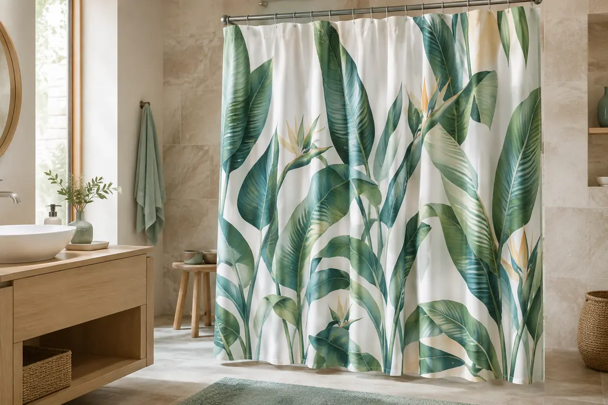 Rideau de douche en polyester à motif de feuilles tropicales vertes, suspendu dans une salle de bain claire.