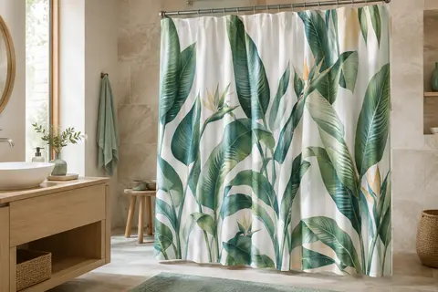 Rideau de douche en polyester à motif de feuilles tropicales vertes, suspendu dans une salle de bain claire.