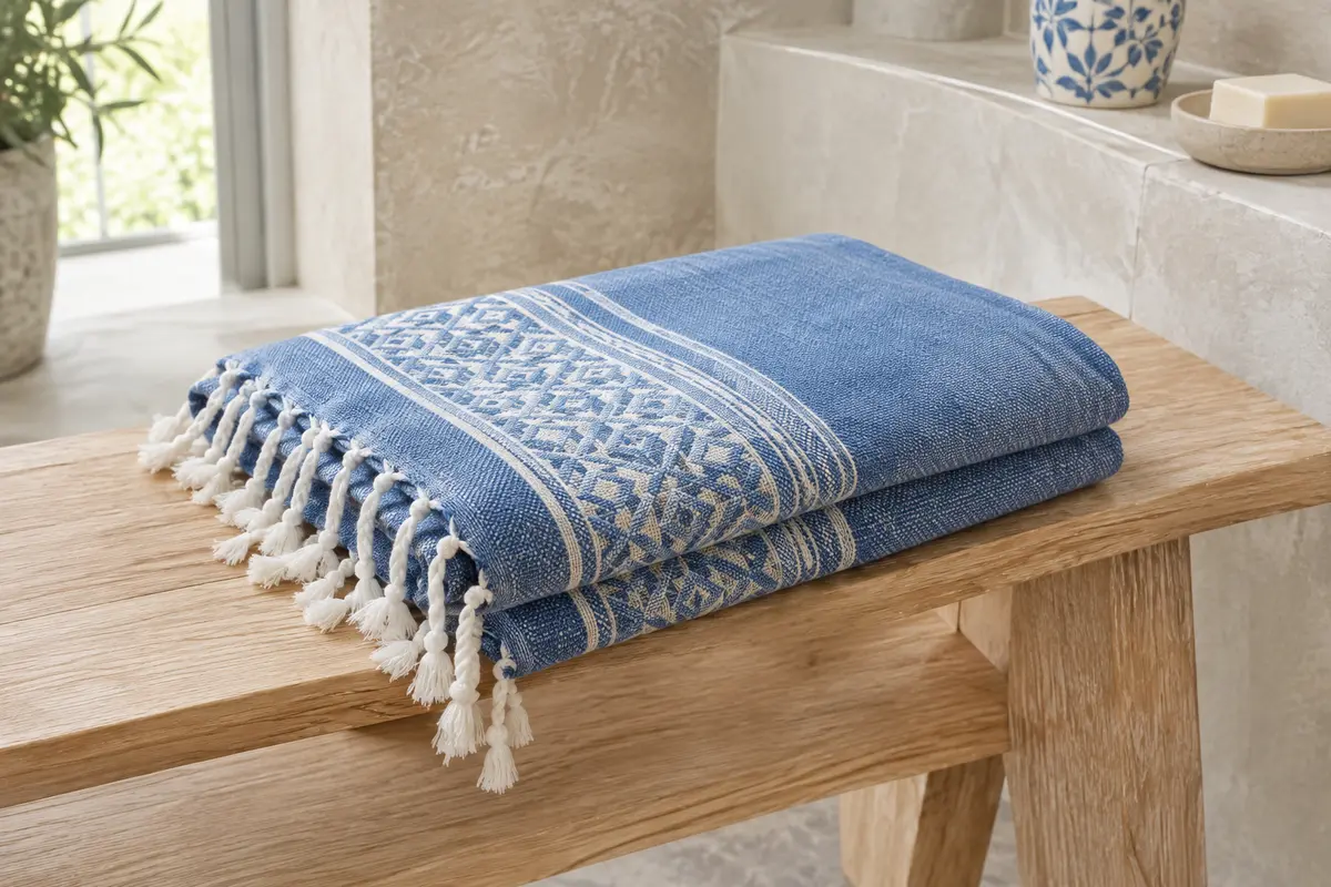 Fouta de plage bleue en coton, pliée sur un banc en bois blond, avec motif géométrique et franges