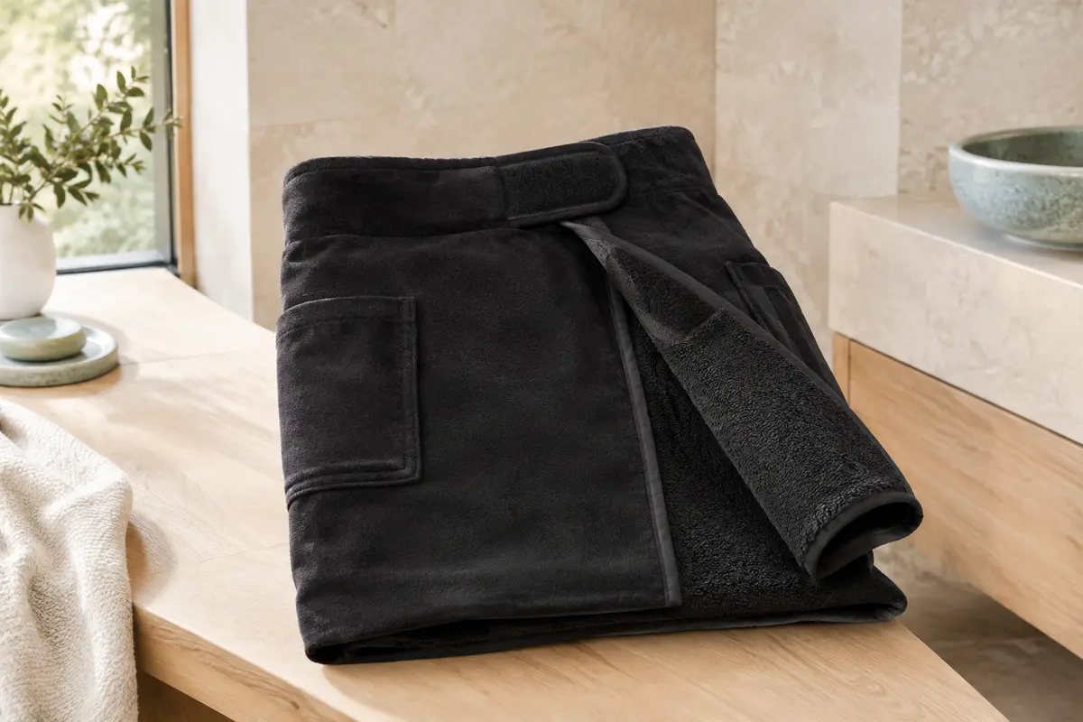 Kilt de sauna noir en coton éponge plié sur un banc en bois clair dans une salle de bain minérale.