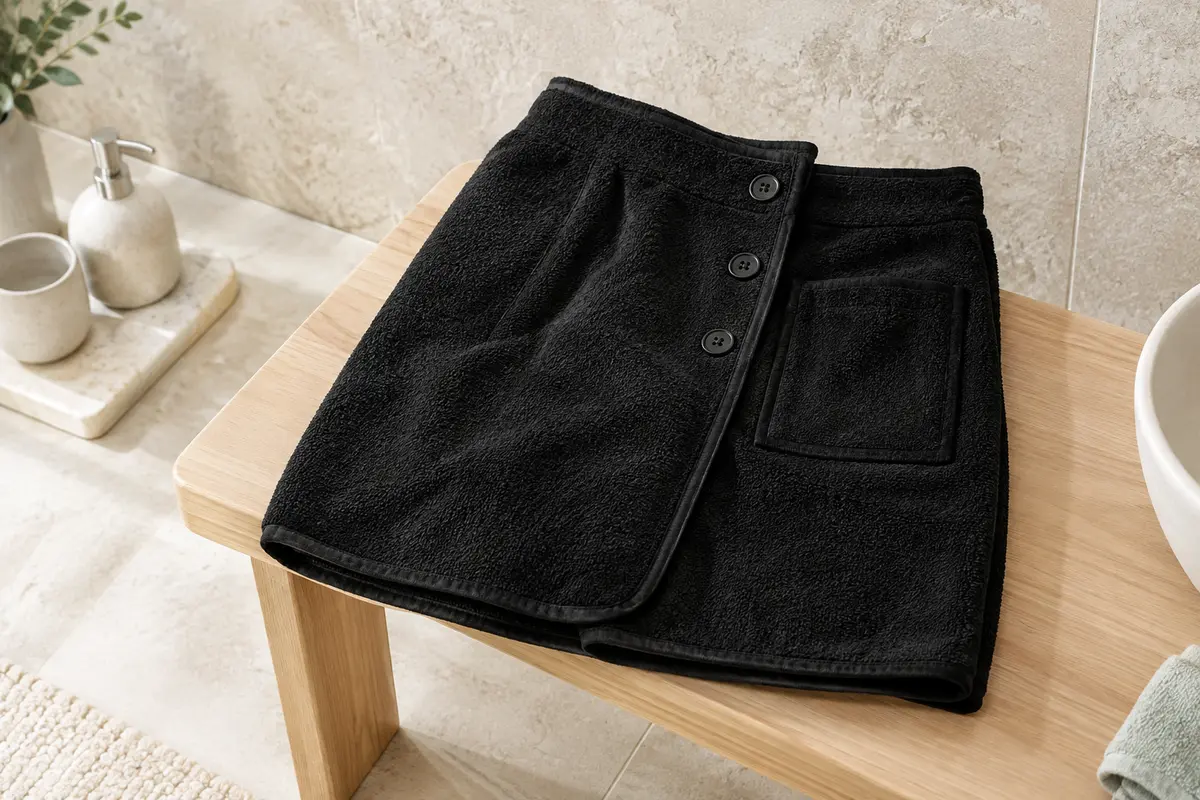 Kilt de sauna noir en coton éponge, plié sur une banquette en bois blond dans une salle de bain