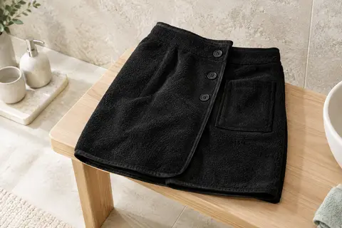 Kilt de sauna noir en coton éponge, plié sur une banquette en bois blond dans une salle de bain
