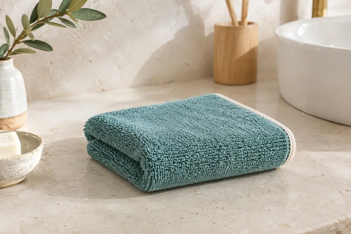 Serviette invité Möve Superwuschel en coton épais, pliée sur une pierre claire dans une salle de bain lumineuse