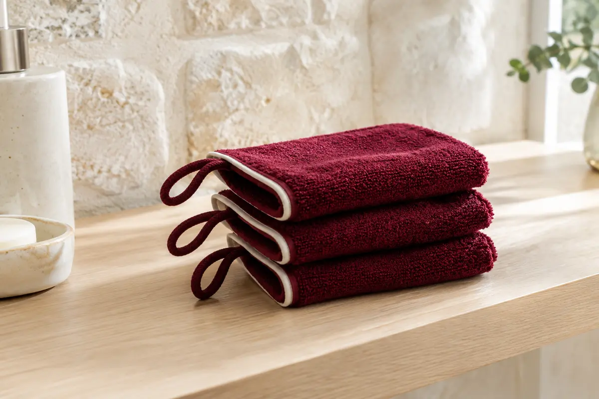 Trois gants de toilette Möve en coton velours rubis, pliés sur une tablette en bois clair dans une salle de bain
