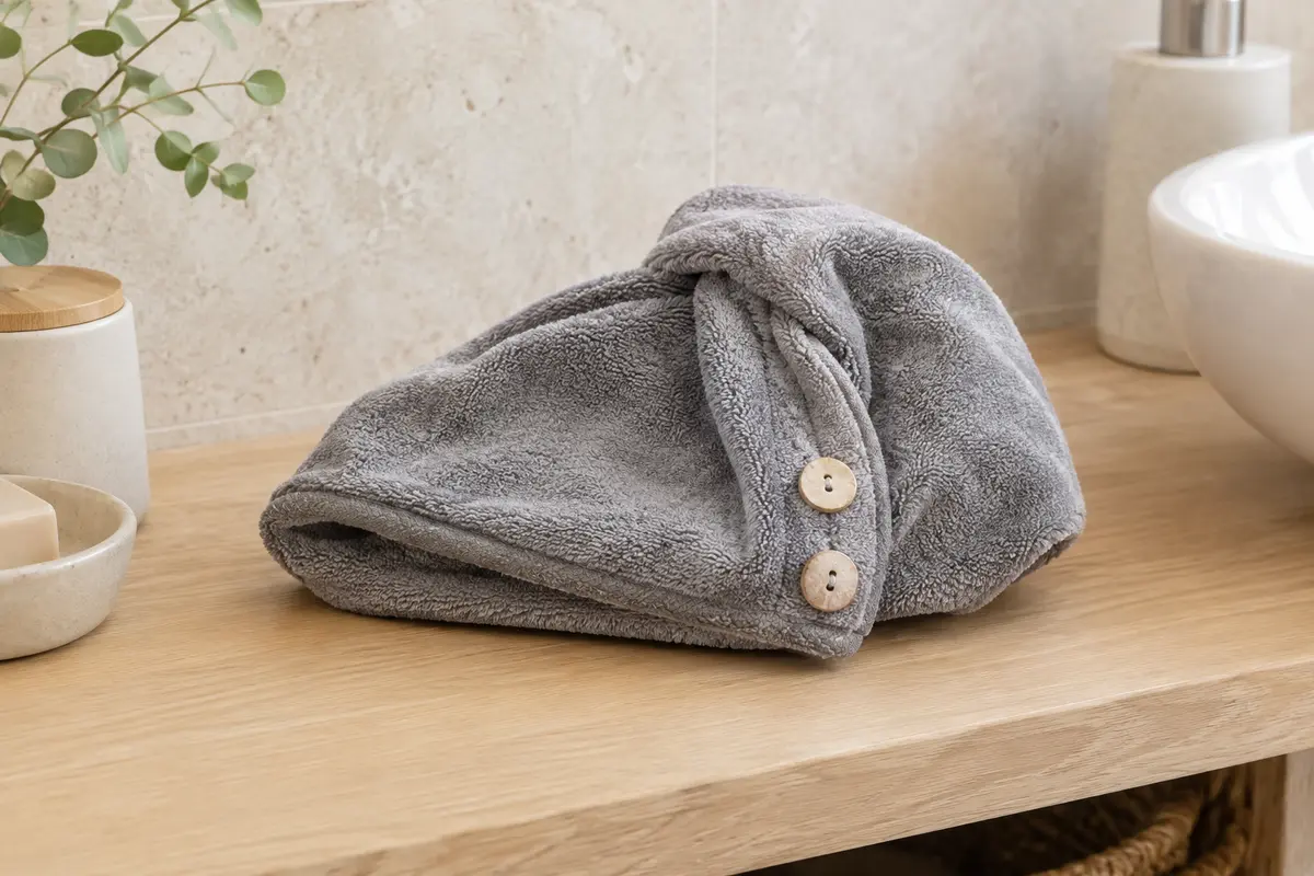 Serviette turban grise en fibre de charbon, pliée dans une salle de bain claire avec boutons en noix de coco.