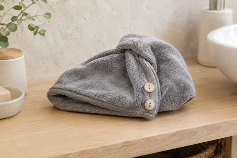 Serviette turban grise en fibre de charbon, pliée dans une salle de bain claire avec boutons en noix de coco.