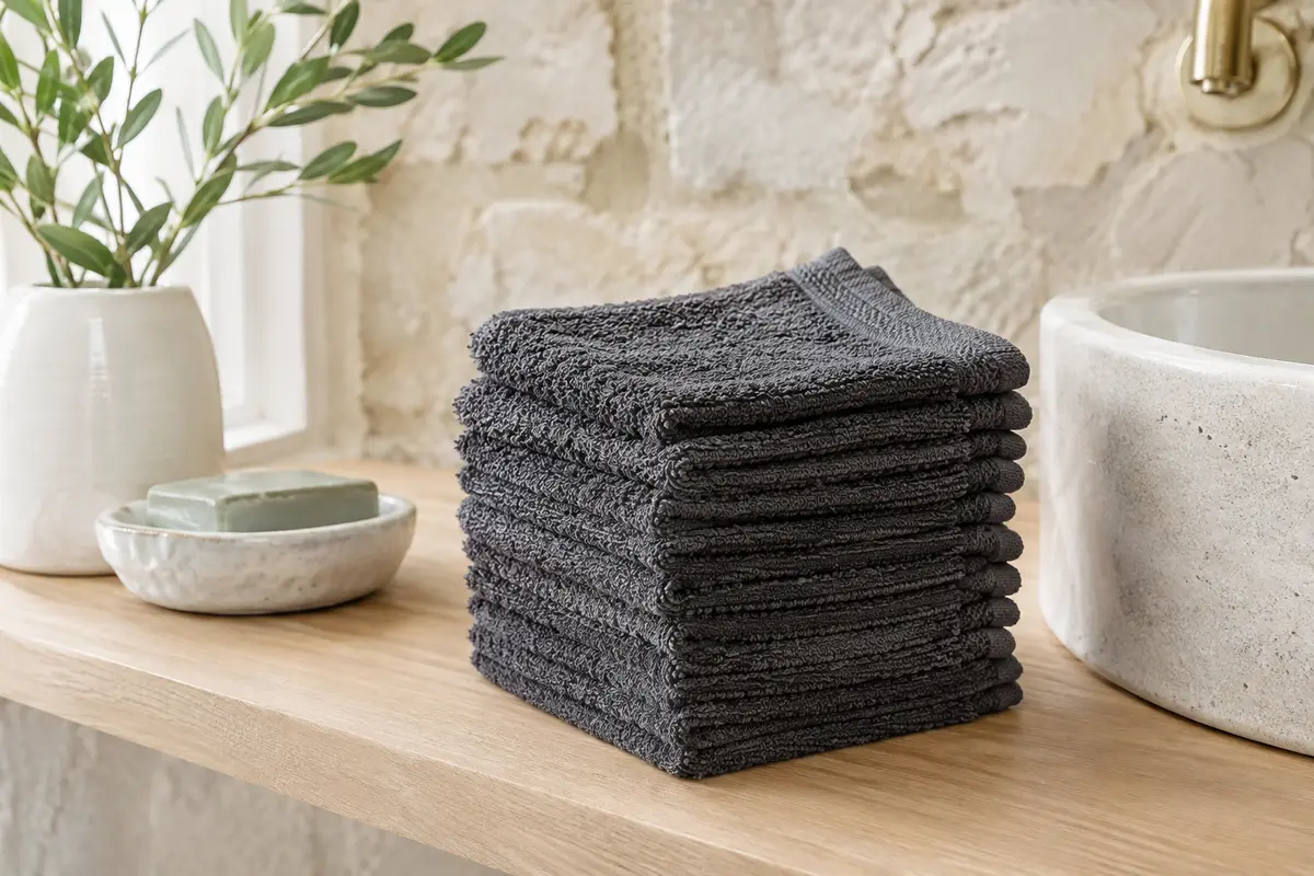 Lot de dix gants de toilette gris anthracite en coton éponge, pliés sur une tablette en bois clair.