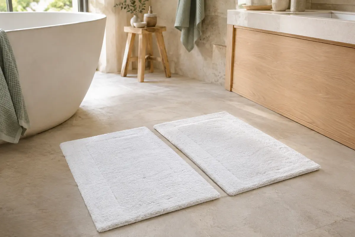 Deux tapis de bain blancs en coton éponge posés sur un sol de pierre claire dans une salle de bain