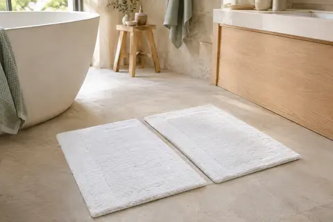 Deux tapis de bain blancs en coton éponge posés sur un sol de pierre claire dans une salle de bain