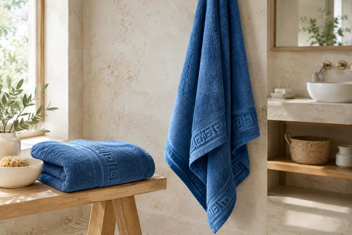 Deux grands draps de bain bleus en coton, pliés et suspendus dans une salle de bain claire.