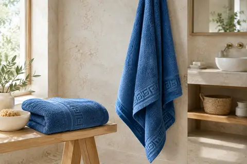 Deux grands draps de bain bleus en coton, pliés et suspendus dans une salle de bain claire.