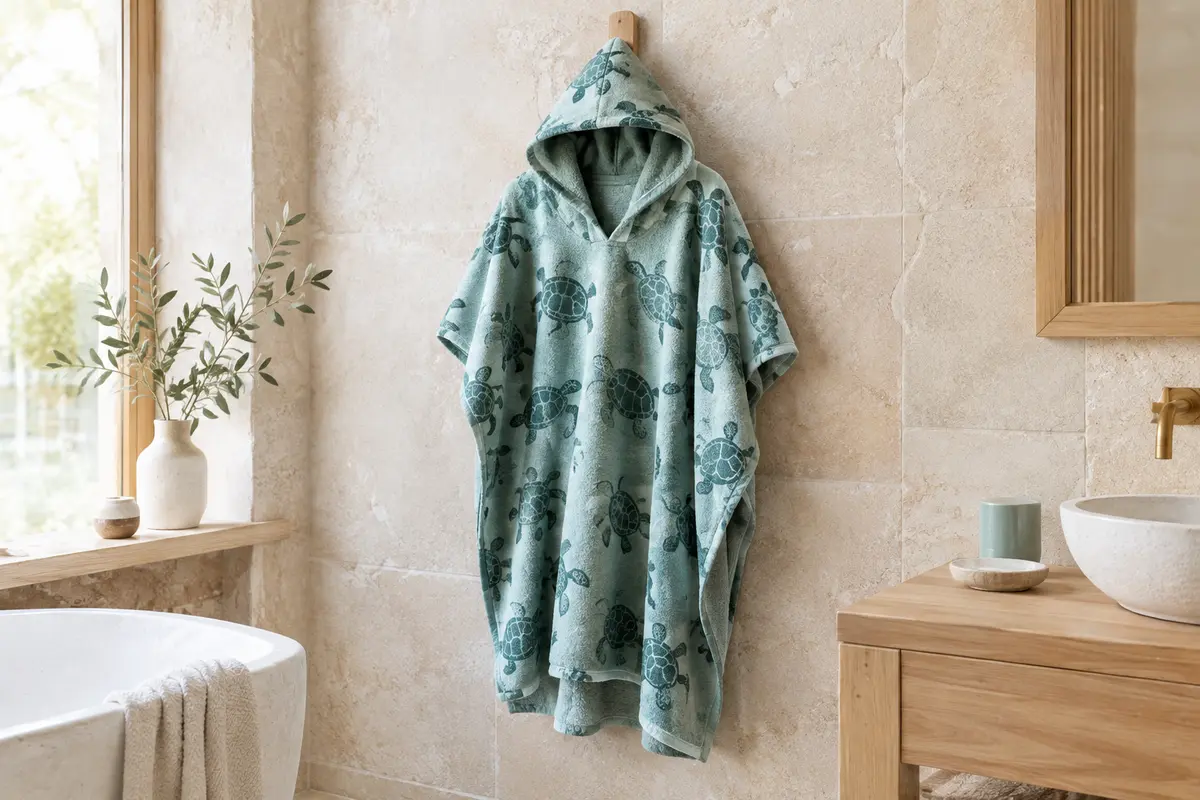 Poncho de bain à capuche en microfibre suspendu dans une salle de bain claire, avec un imprimé animalier.