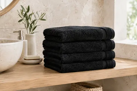 Quatre serviettes de toilette noires en coton pliées sur une tablette en bois blond
