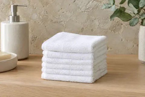Pile de gants de toilette carrés blancs en microfibre posée sur une tablette en bois clair