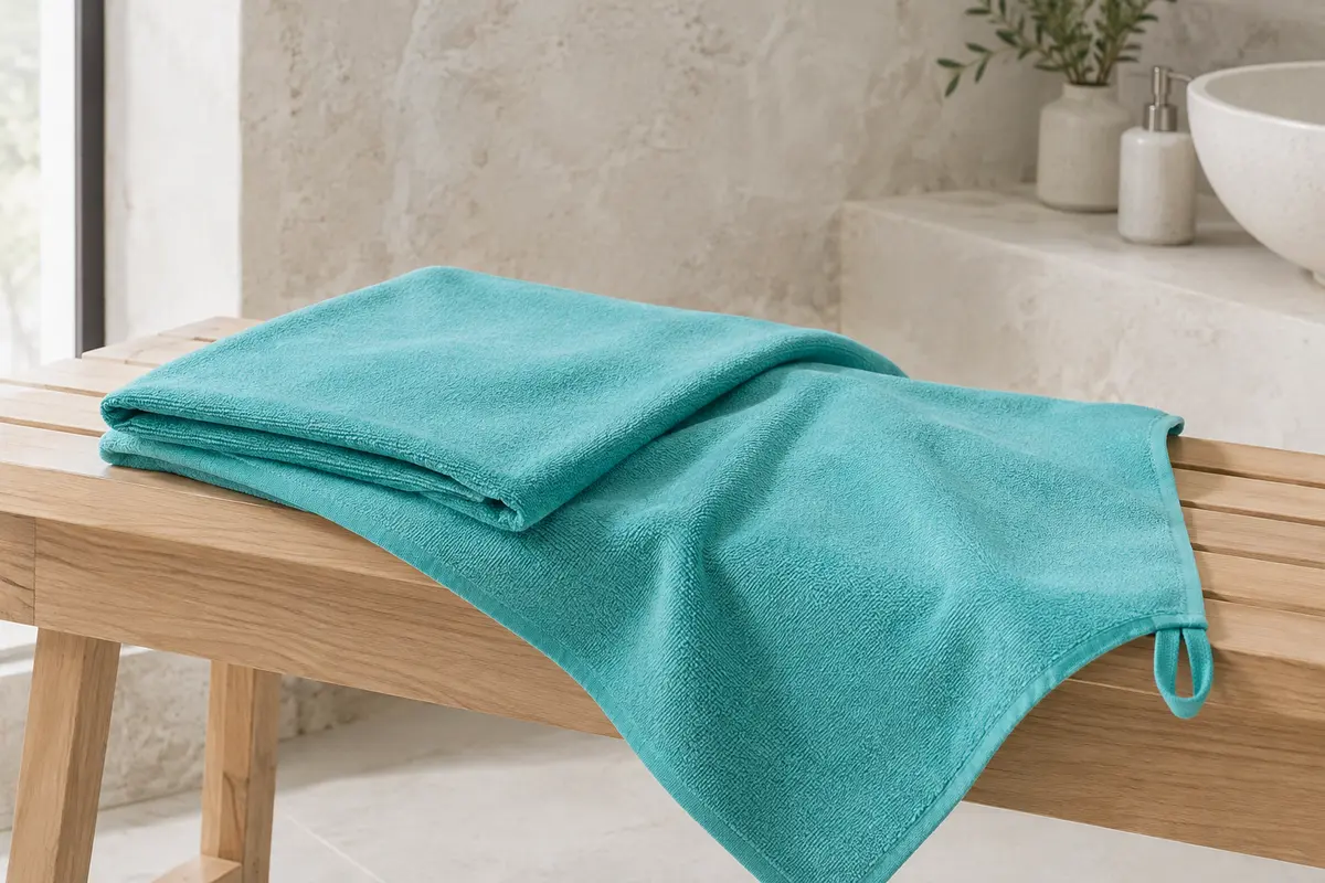 Serviette de plage Pameil en microfibre pliée sur un banc en bois blond dans une salle de bain lumineuse.