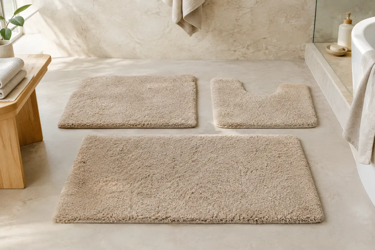 Trois tapis de bain beige en microfibre, deux rectangulaires et un en U, posés sur un sol clair.