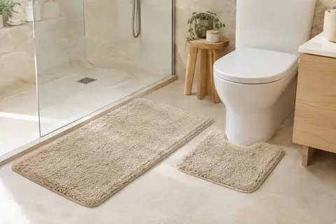 Deux tapis de bain beiges en microfibre, l’un près de la douche et l’autre autour des toilettes